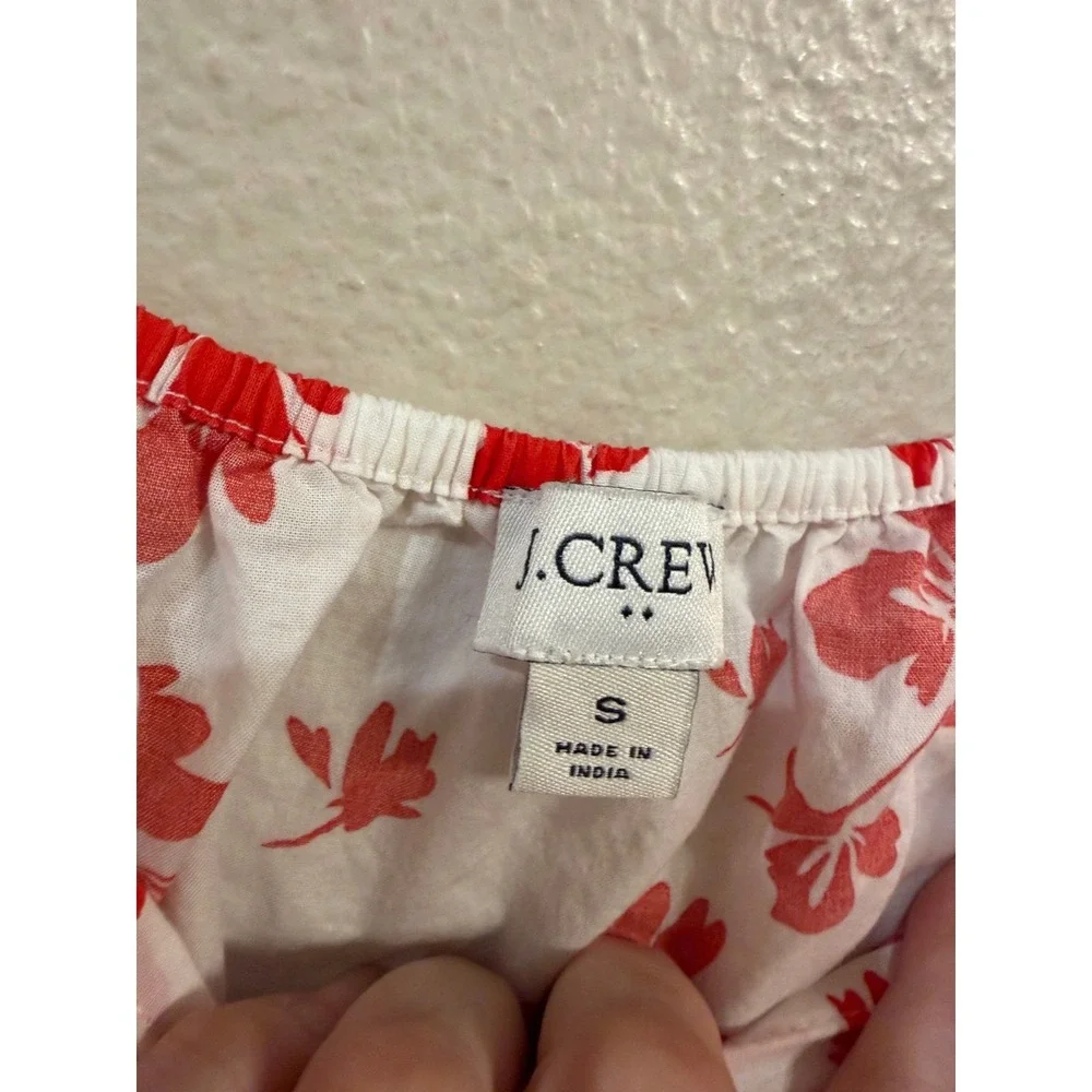 J Crew Re-Imagined  Small Red White Floral Ruffle Smocked Strap Cotton Tank